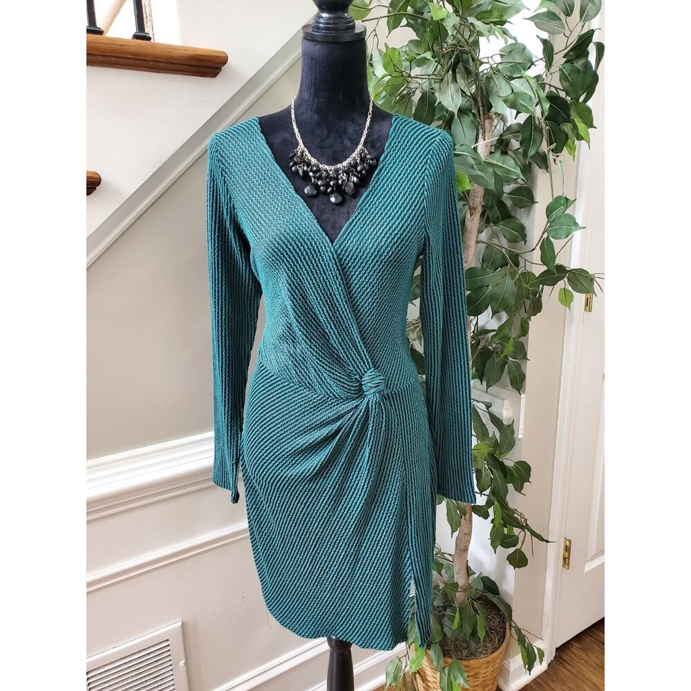 Ash & Violet Women Green Striped Rayon V-Neck Long Sleeve Knee Length Dress L